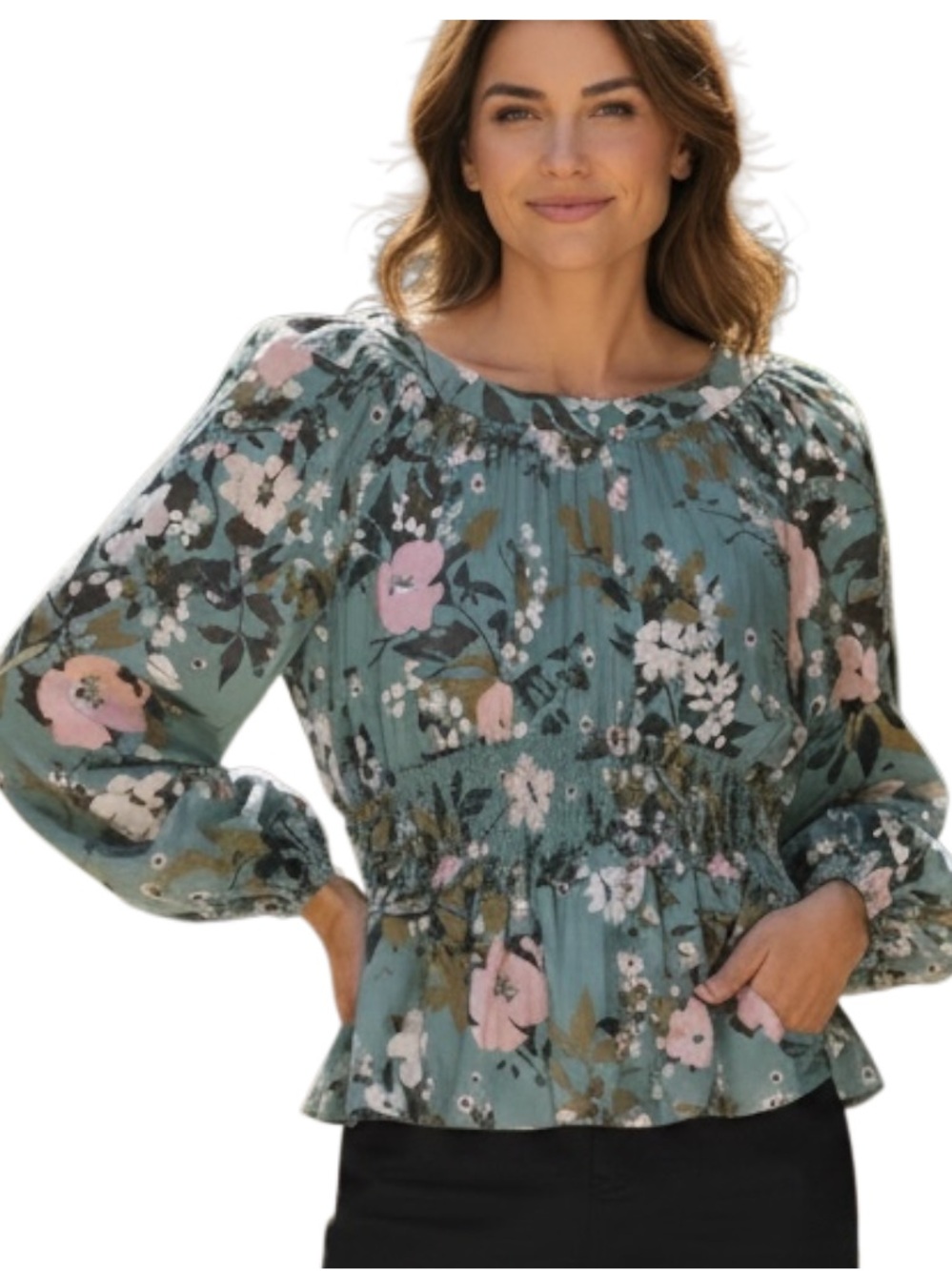 Spartina 449 Green Floral Smocked Peasant Top with Pink and Cream Blooms